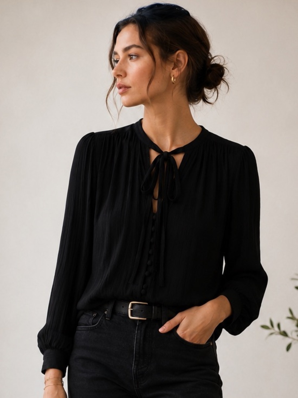 Isabel Marant Étoile Black Tie-Neck Crinkle Blouse Size 40 M